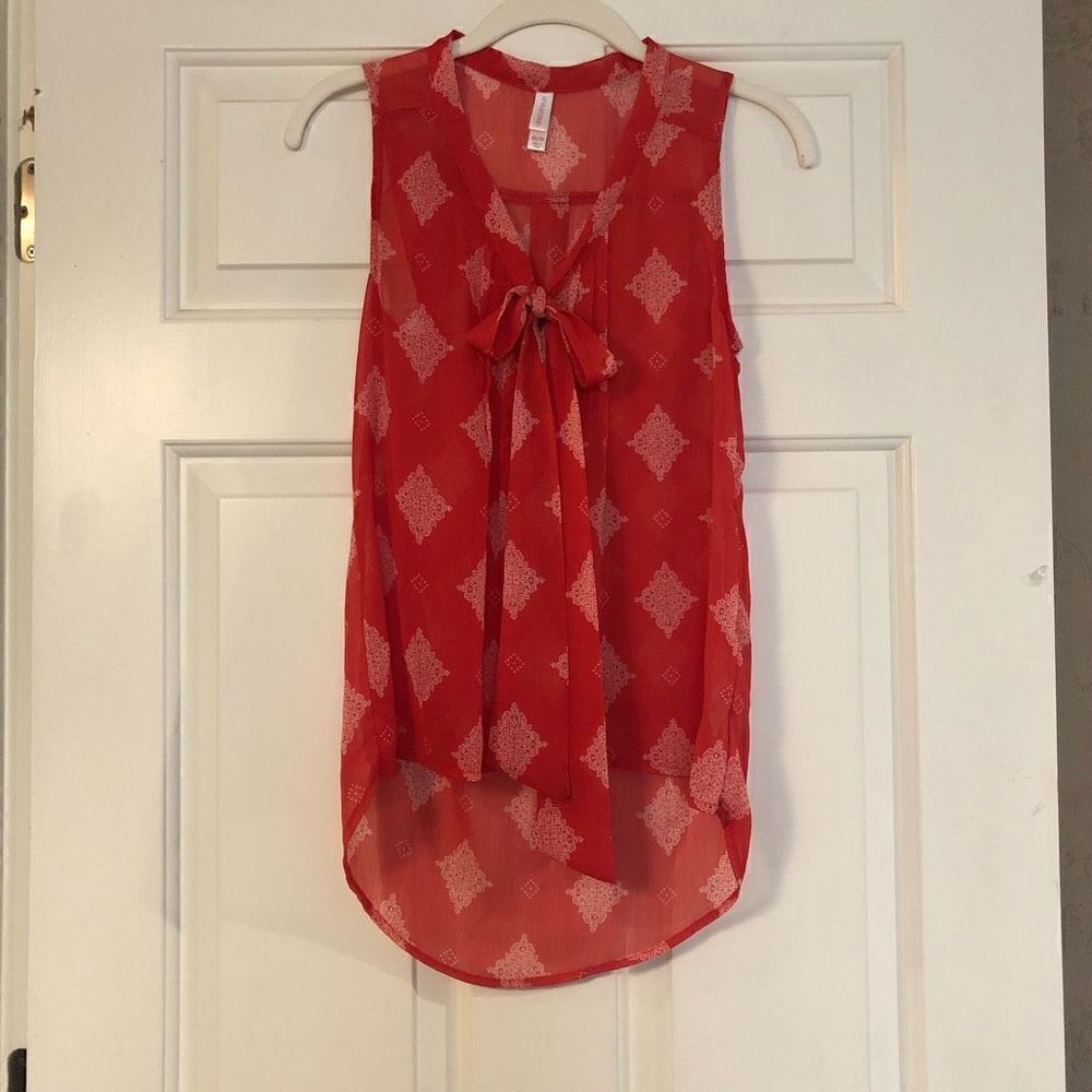 Xhilaration Red and White Sheer Top with Neck Bow Size XS